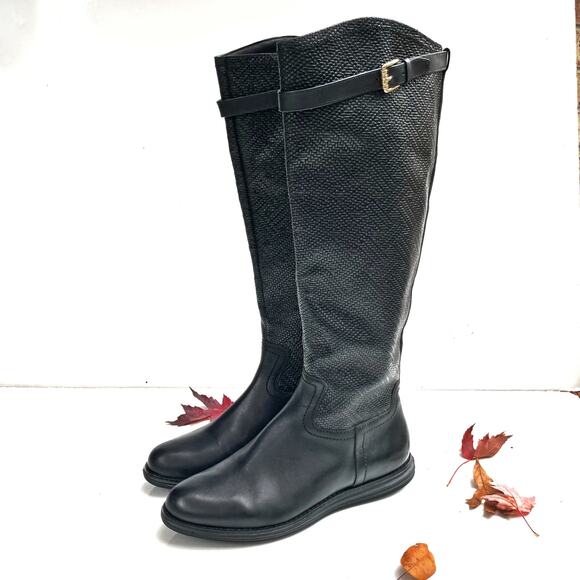 Cole Haan Grand.OS Black Textured Leather Tall Riding Boots | Classic Equestrian - Picture 3 of 16